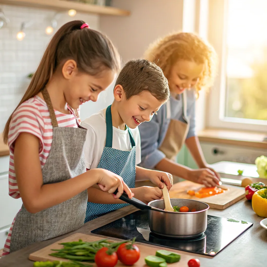 Children learning to cook in a kitchen setting